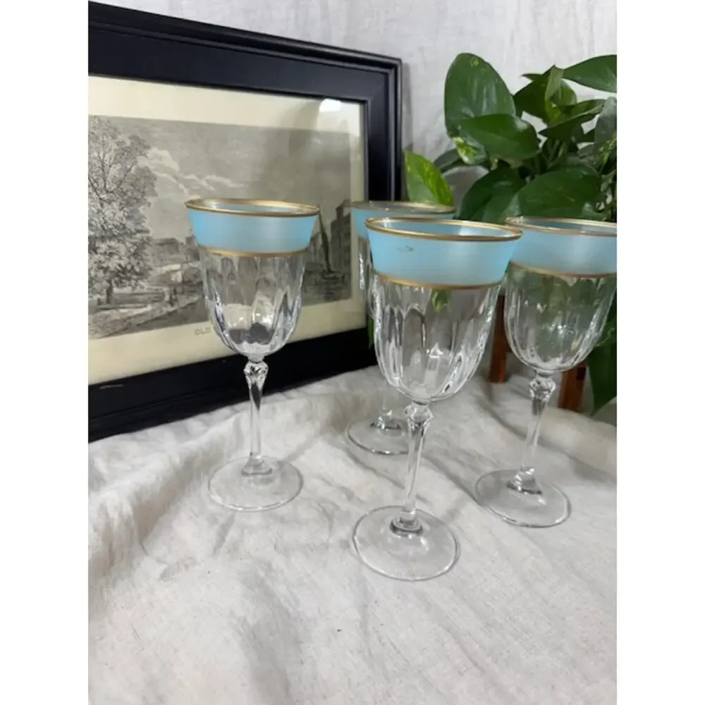 Vintage Frosted Teal Blue & Gold Rimmed Wine Glass Set of 4